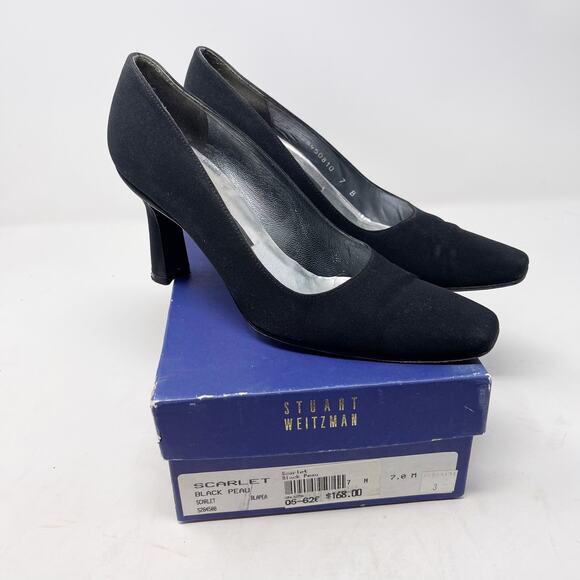 Stuart Weitzman 7 Black Scarlet Peau Du Soie Fabric Square Toe Pump Heel Vtg 90s - Picture 1 of 14